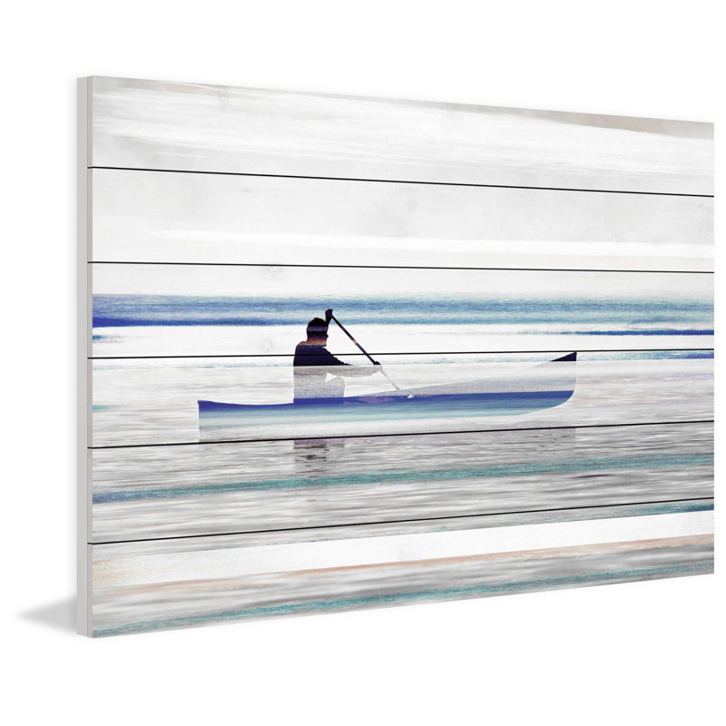 «Lake & Lodge Canoe On Calm» par Parvez Taj, reproduction sur bois, H 30 po x l 45 po x P 1,5 po