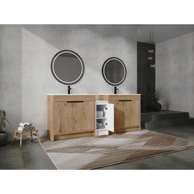 Meuble-lavabo autoportant de 84 po avec lavabo en céramique et armoires de rangement, porte à fermeture en douceur, armoire combinée 02436IMO * 2 + 0312, ensemble KD