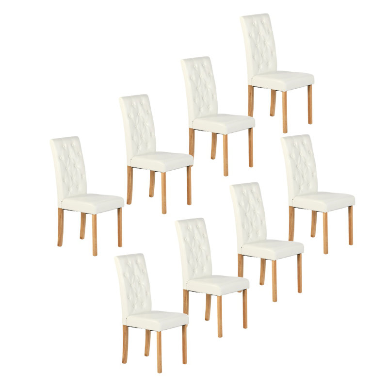 Dining Chair Set,High Back Kitchen Chair,Button Upholstered Dining Chair,Solid Faux Leather Living Room Chair, Oak, White, 8