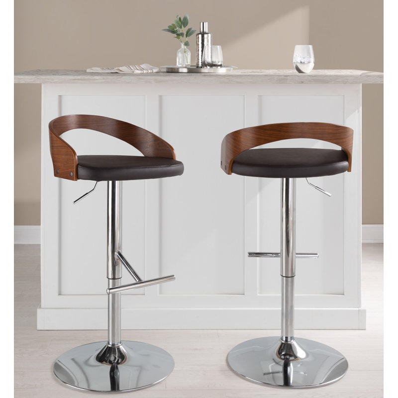 Grotto Swivel Upholstered Adjustable Height Counter Stool with Metal Frame, Chrome/Walnut, Cream