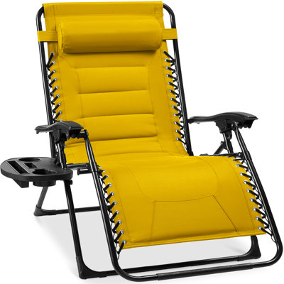  Oversized Padded Zero Gravity Chair, Folding Outdoor Patio Recliner W/ Side Tray - Yellow