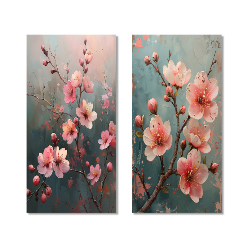 Art mural en métal rose 2 fleurs de cerisier rose I, 32" H x 32" W
