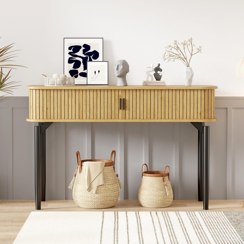 Fluted Console Table With Storage,Wood Sofa Table With Sliding Door, Oak