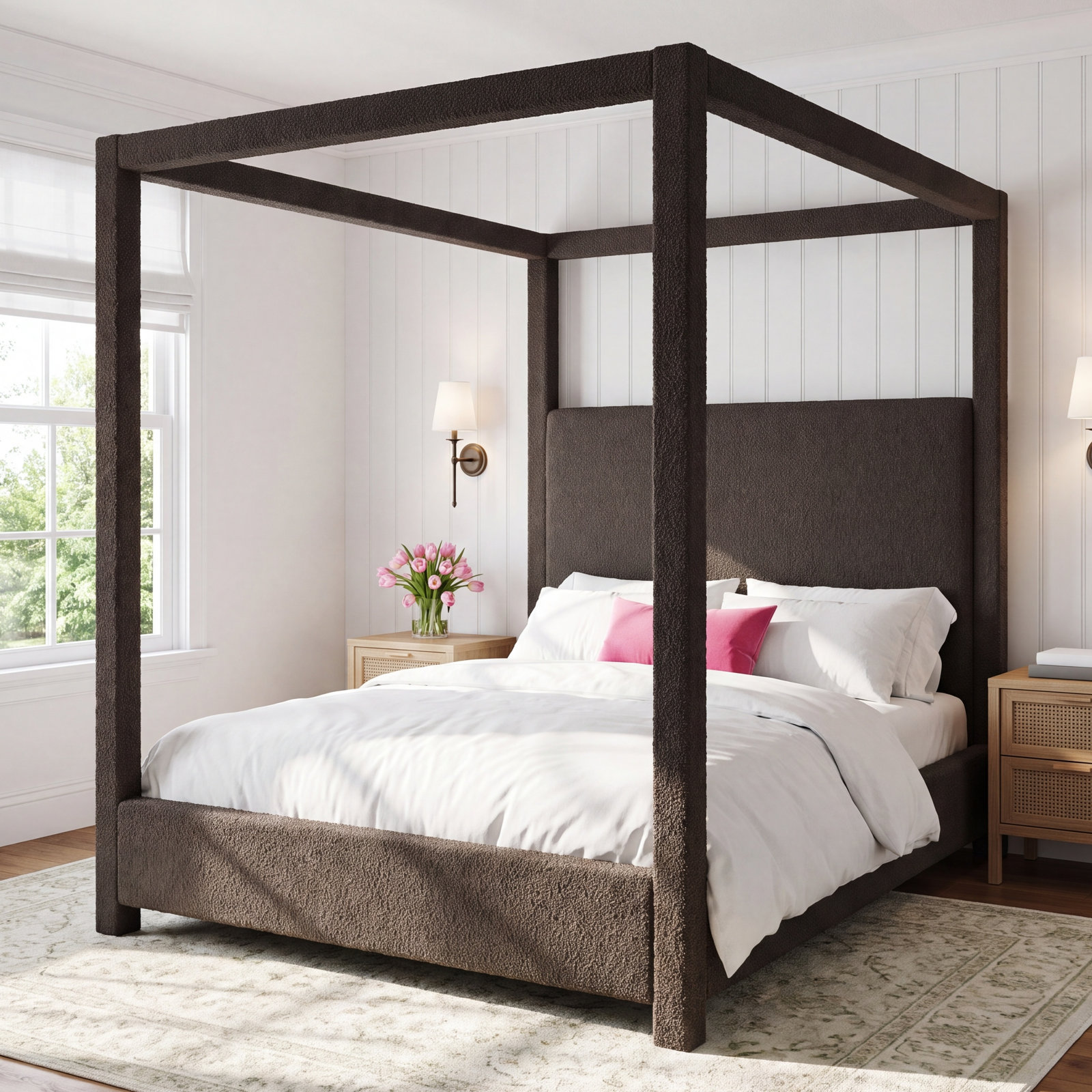 Upholstered Canopy Bed, Queen, Brown Boucle Fabric