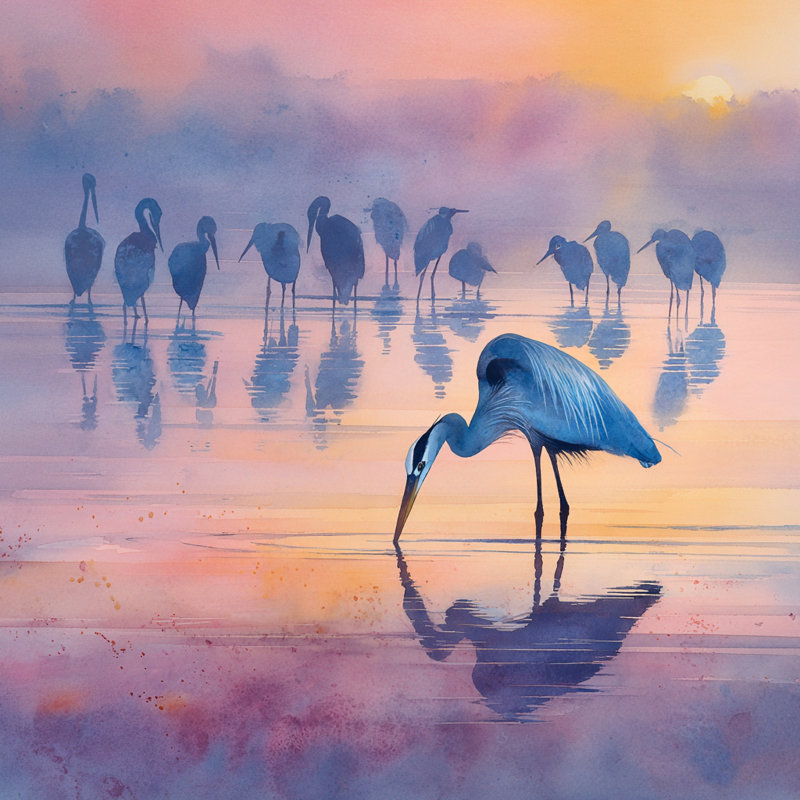 «Heron in Evening Glow», art mural sur toile tendue, H 40 po x l 40 po