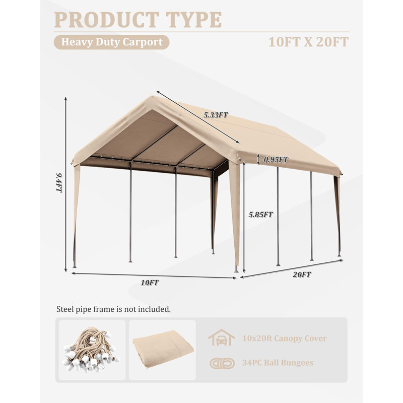 Carport Canopy Replacement Cover With Ball Bungees (Frame Is Not Included), Sand, 112.8" H x 120" W x 240" D
