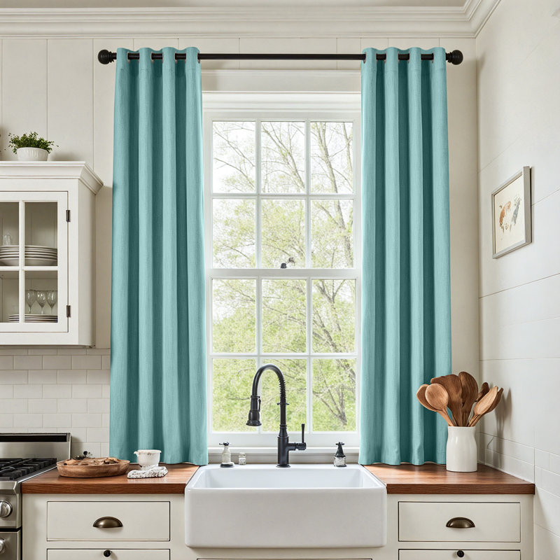 Grommet Room Darkening Linen Textured Curtain, Teal Blue, 50" W x 72" L