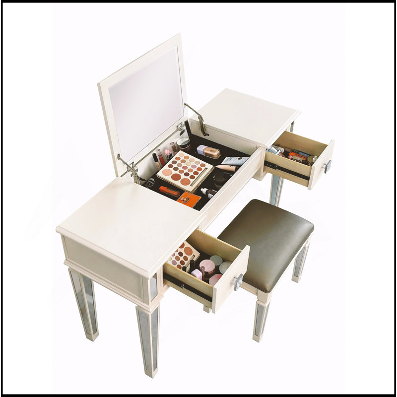 Mirrored Vanities Desk With Drawers, Bedroom Makeup Vanity Table Set With Mirror And Stool, Flip Up Dressing Table For Bedroom/Makeup Room, Working Desk For Furniture Combo