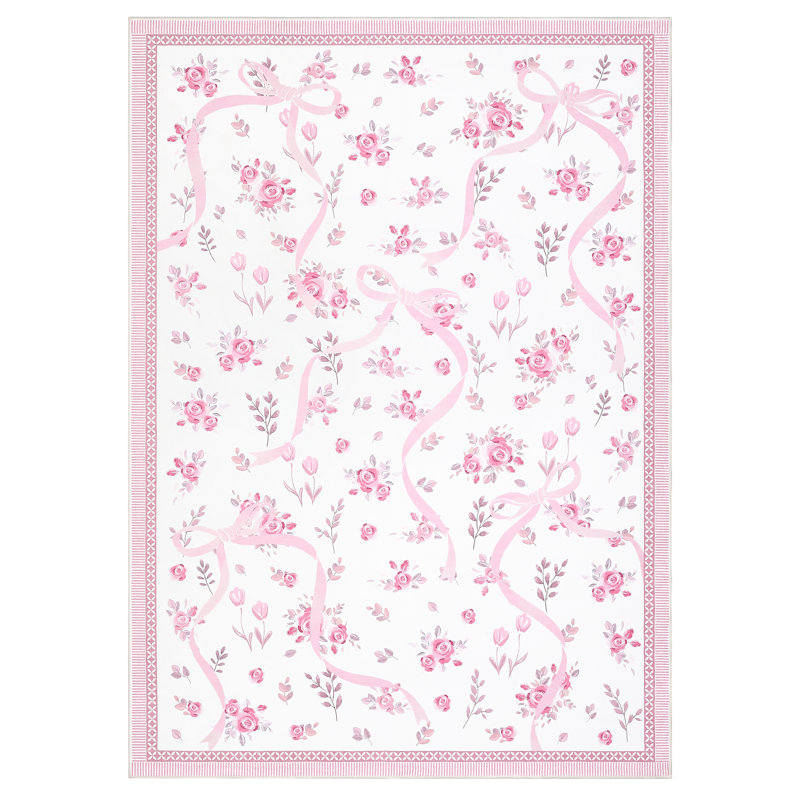 Washable Area Rug Bow Décor, Rectangle 8' x 10', Pink/White