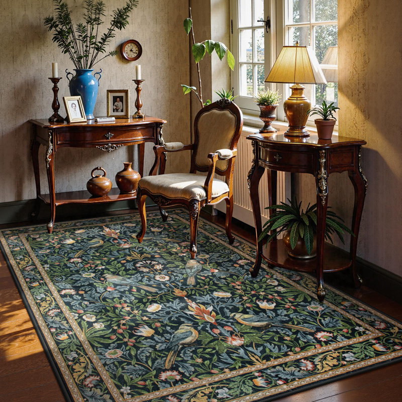 Vintage Botanical Bird-Print Machine-Washable Low-Pile Area Rug with Non-Slip Backing, Rectangle 8' x 10'