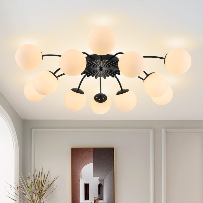 Plafonnier encastré 12 lumières Mid-Century moderne avec abat-jour en verre Blossom, Noir mat