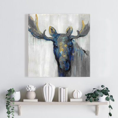 Toile rustique orignal bleu | Décoration murale animaux cerfs