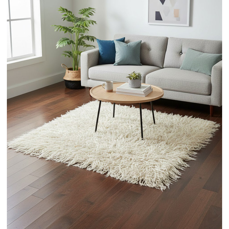 Tapis à poils longs fabriqué à la main 4,2 x 4,4 pi en laine de mohair beige naturel