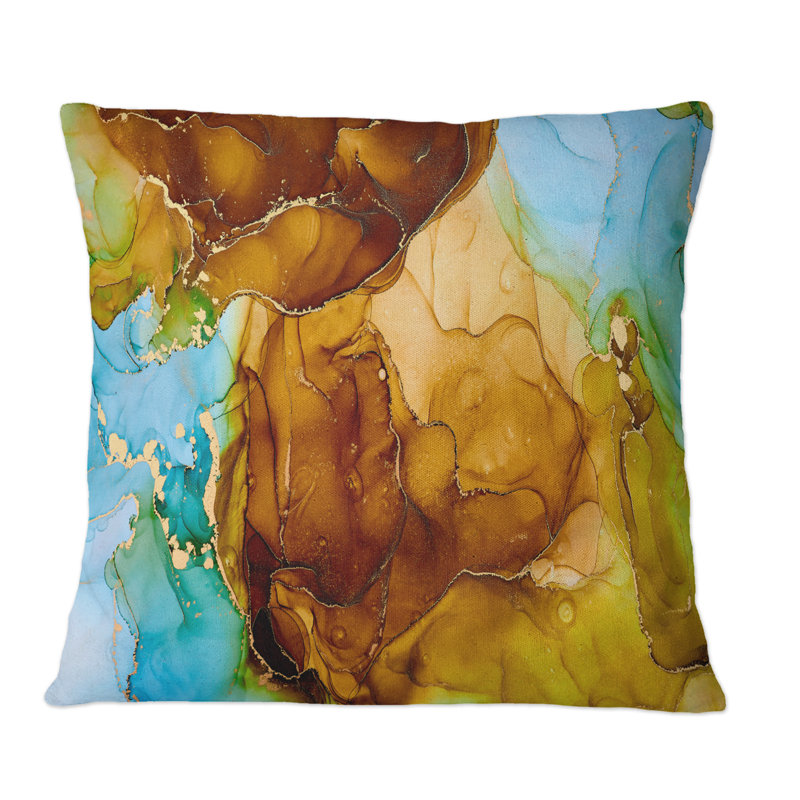 Coussin décoratif à imprimé abstrait brun et turquoise, 16 po x 16 po