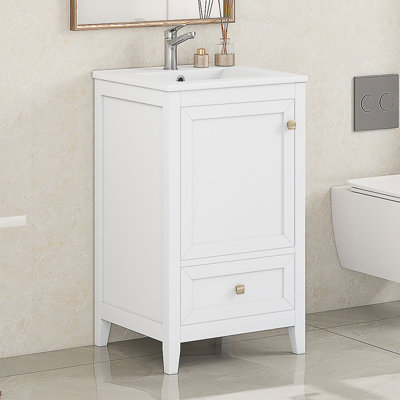 Armoire de salle de bain à simple cuve 20 "avec porte à fermeture en douceur, tiroir et tablette ouverte - blanc