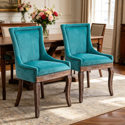 Upholstered Fabric Dining Chairs with Nailhead Trim and Thick Solid Wood Legs for Dining Room Kitchen Living Room Indoor Use