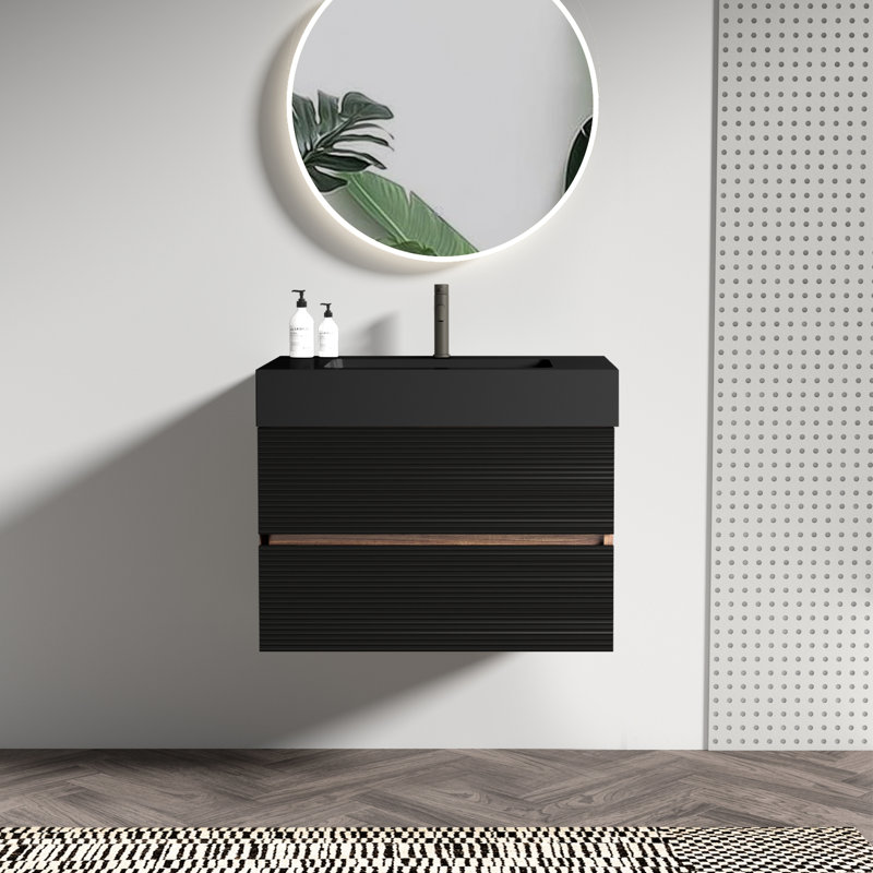 Meuble-lavabo de salle de bain de 76 cm (30 po) avec design suspendu, lavabo noir mat, tiroirs à fermeture amortie, esthétique du milieu du siècle, panneaux de qualité E1, laque E0, fermeture garantie 50 000 fois, style moderne, lavabo monobloc.