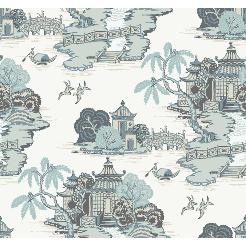 Pagoda And Sampan Scenic Vinyl Wallpaper Roll, Seamist