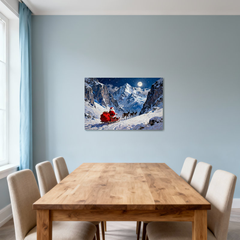 «Christmas Santa Claus Sleigh Reindeer Snowy Mountains Moon Night», reproduction de cadre photo sur toile, H 24 po x l 36 po