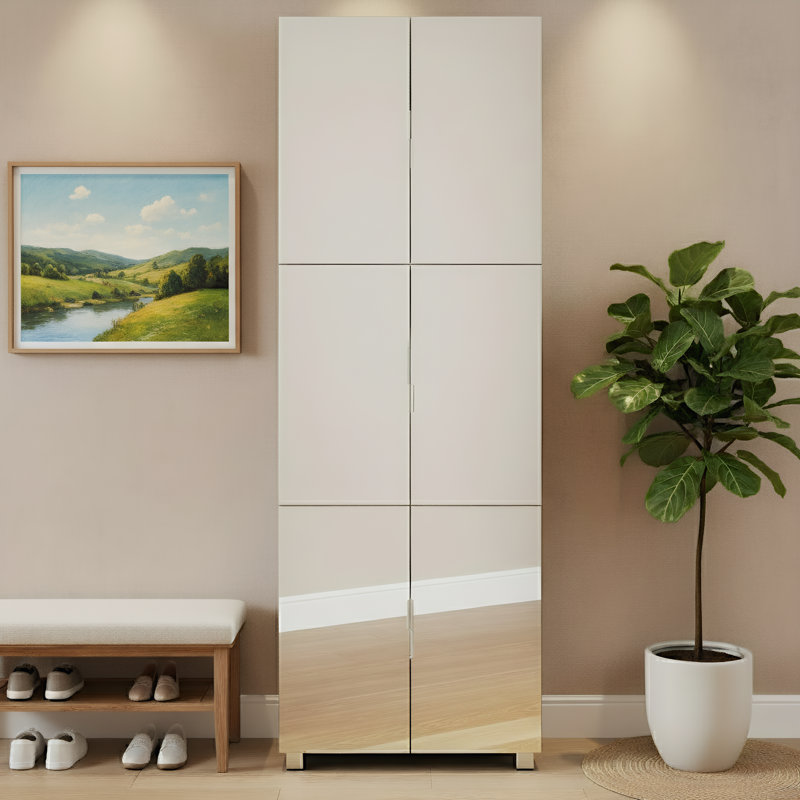Armoire de rangement à chaussures 6 portes avec portes en miroir et tablettes réglables, Blanc