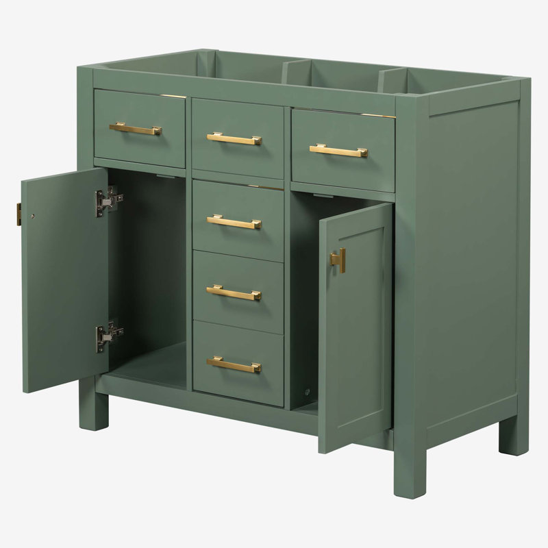 36" Green Solid Wood Bathroom Vanity Cabinet with Gold Hardware