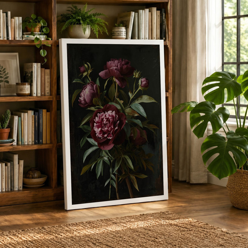 Peonies in Shadow Botanical - Wrapped Canvas, 30x20 - 76.2 x 50.8 cm, Taupe Border
