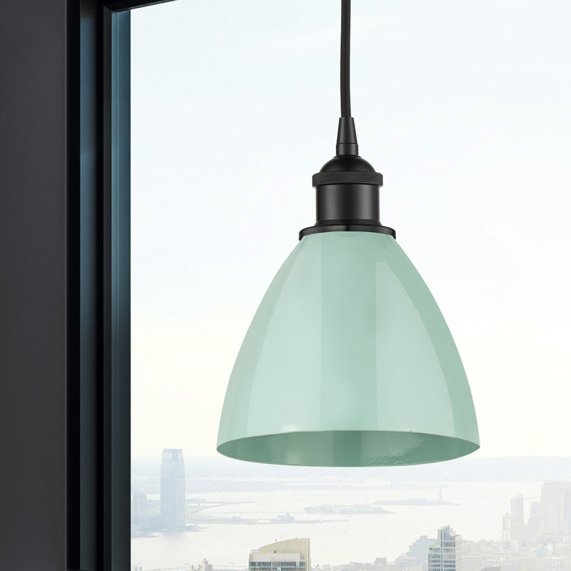 Luminaire suspendu conique 1 lumière, Noir mat, Bleu ciel, 11.25" H x 7.5" W x 7.5" D