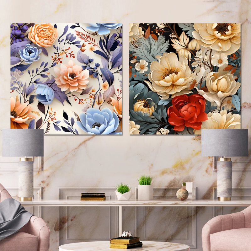 Lea - Ensemble de 2 carrés à motif floral en métal, H 23 po x l 46 po