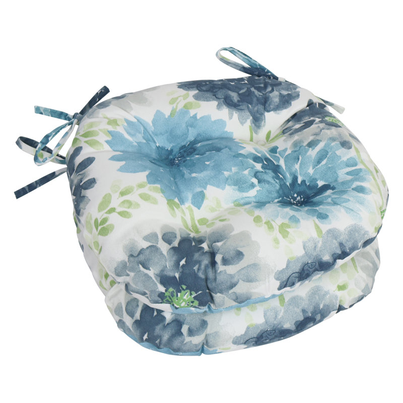 16-Inch Round Outdoor Tufted Chair Cushions (Set Of 2), White/Blue/Gardenia Cool Floral