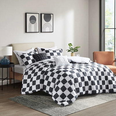 Édredon pour lit double / grand damier, 2 taies décoratives et coussins, rembourrage, édredon à nettoyer, taies décoratives