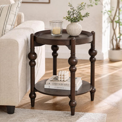 25" Round Retro Solid Wood Side Table with Storage Shelf