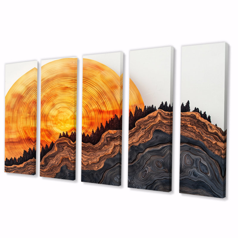 «Sunrise Tree In Forest Landscape III», art mural forêt - décoration murale traditionnelle 5 pièces, H 32 po x l 80 po
