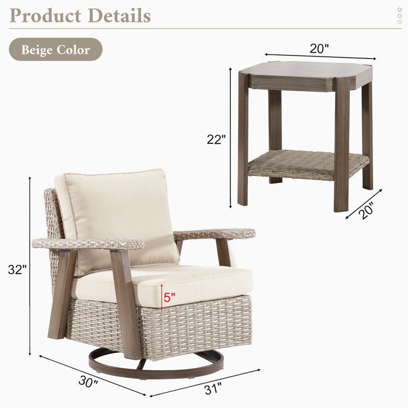 2-piece All - Weather Hand - Woven Resin Wicker 360° Swivel Patio Chair With Cushion & Outdoor Side Table Set - Perfect For Outdoor Living Makeover