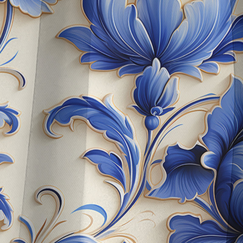Motifs ornementaux bleus motif victorien II - panneaux de rideaux floraux, L 52 po x L 108 po