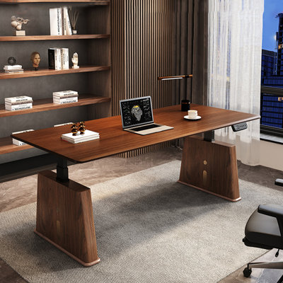 Nut-brown + Black Rectangular Hight adjustable Solid + Manufactured Wood + Steel desk by Wren Decors