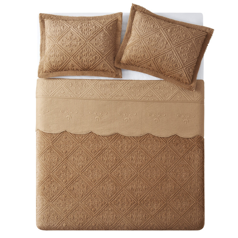 Westland Quilted Plush Bedspread Set, Caramel, Queen Bedspread + 2 Shams