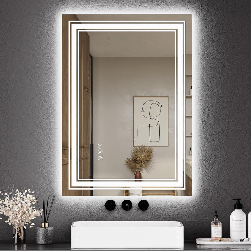 Miroir de salle de bain anti-buée à DEL avec deux sources de lumière, luminosité réglable, fonction mémoire, 28 po x 20 po