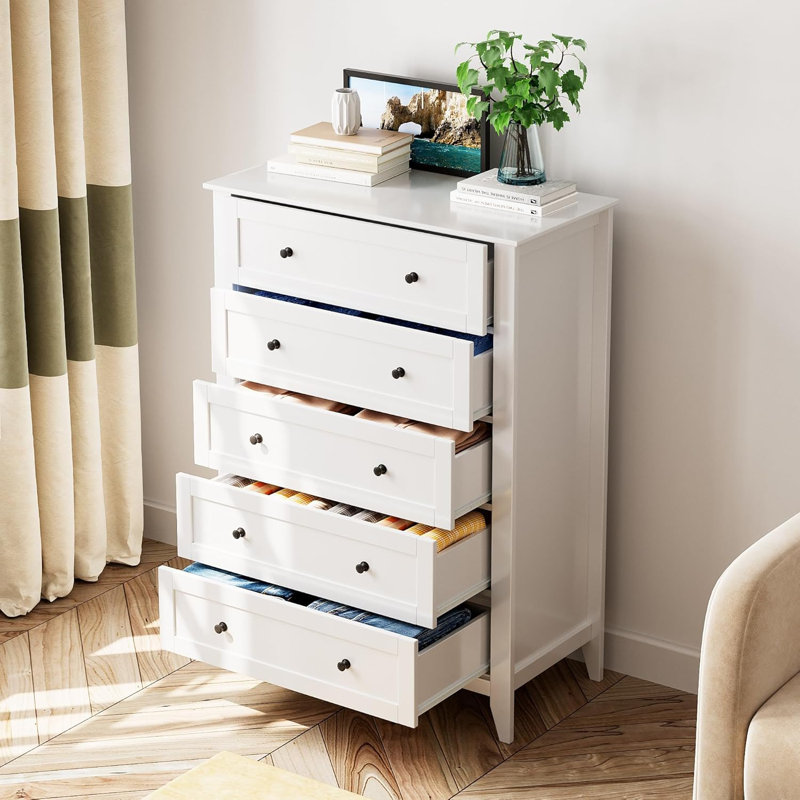 Tall 5-Drawer Dresser, Modern Wooden Chest with Deep Drawers & Metal Knobs for Bedroom, Entryway & Hallway - White