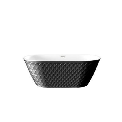 Baignoire autoportante en acrylique avec motif à losanges unique: forme ovale spacieuse, finition noire, trop-plein chromé et bonde escamotable