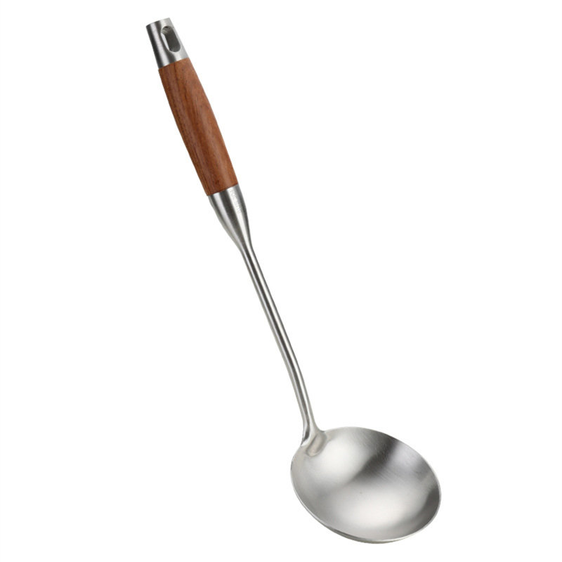6 ustensiles de cuisine en acier inoxydable 304 avec poignées en bois épais - Spatule, cuillère rainurée et louche