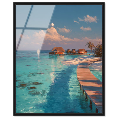 Impression acrylique encadrée « Maldive Moments Boardwalk » par Art Remedy, style côtier moderne, cadre noir, 24 x 30