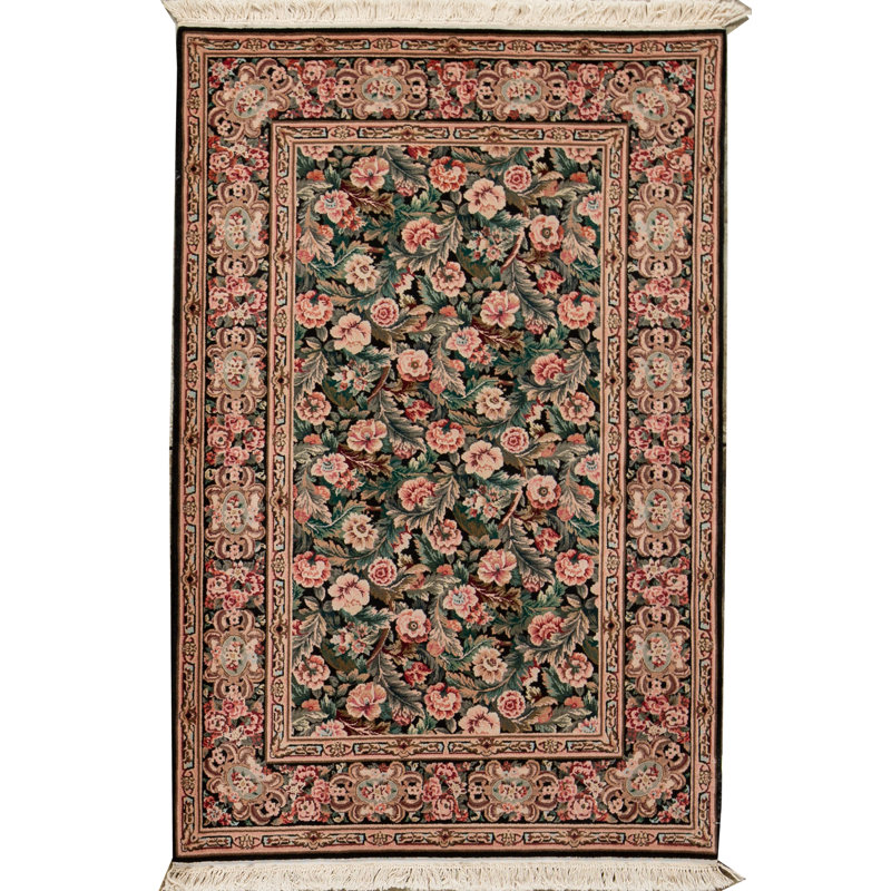 Tapis vert et rose noué à la main de haute qualité