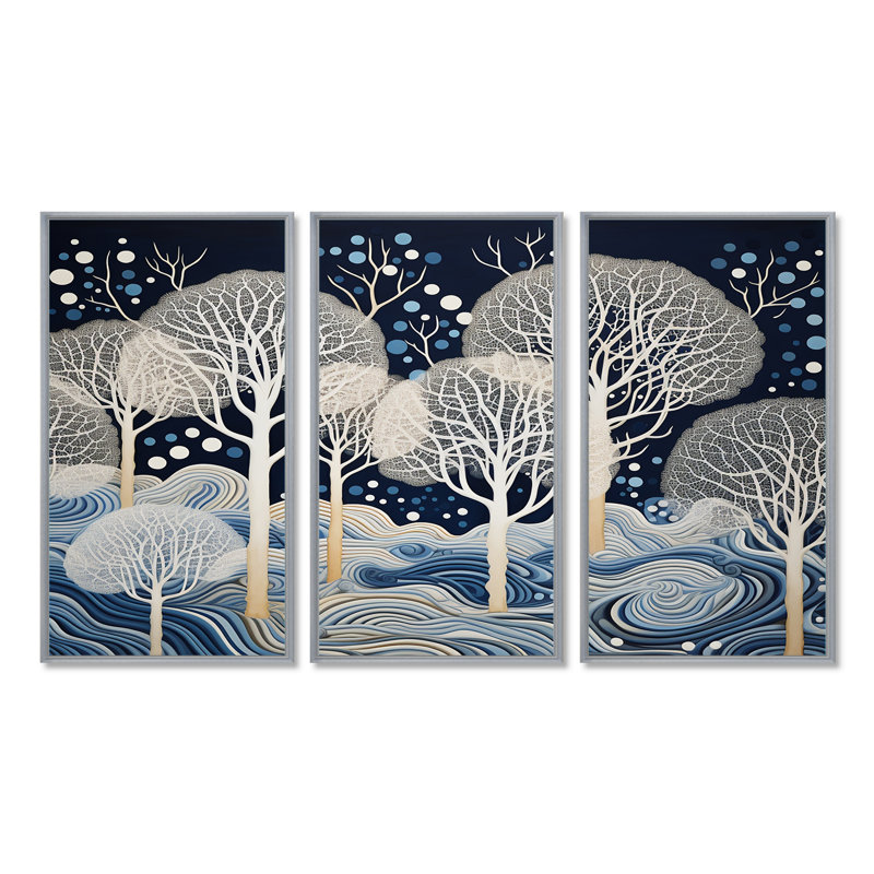 Winter Magic Trees Blue Night - ensemble de reproduction d'art mural chêne, Encadrement argenté, H 40 po x l 60 po x P 1 po