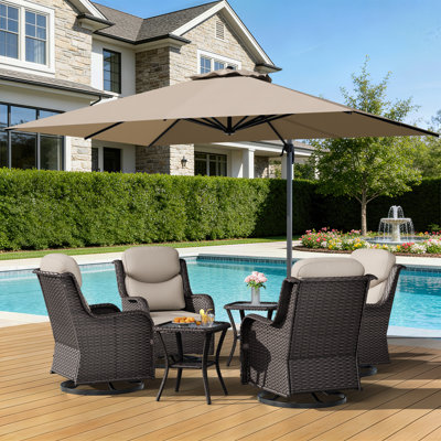 Adcox 4-Person Outdoor Rattan Conversation Set With Patio Umbrella, Swivel Chairs, Side Tables & Beige Cushions