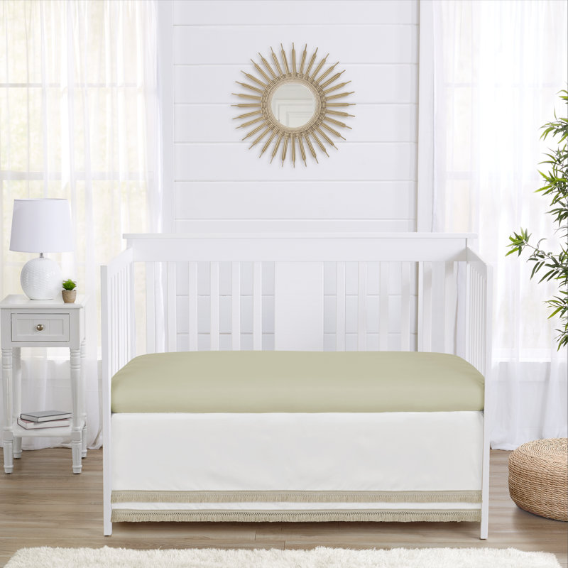 Ivory and Sage Green Polyester Baby Crib Skirt with Fringe