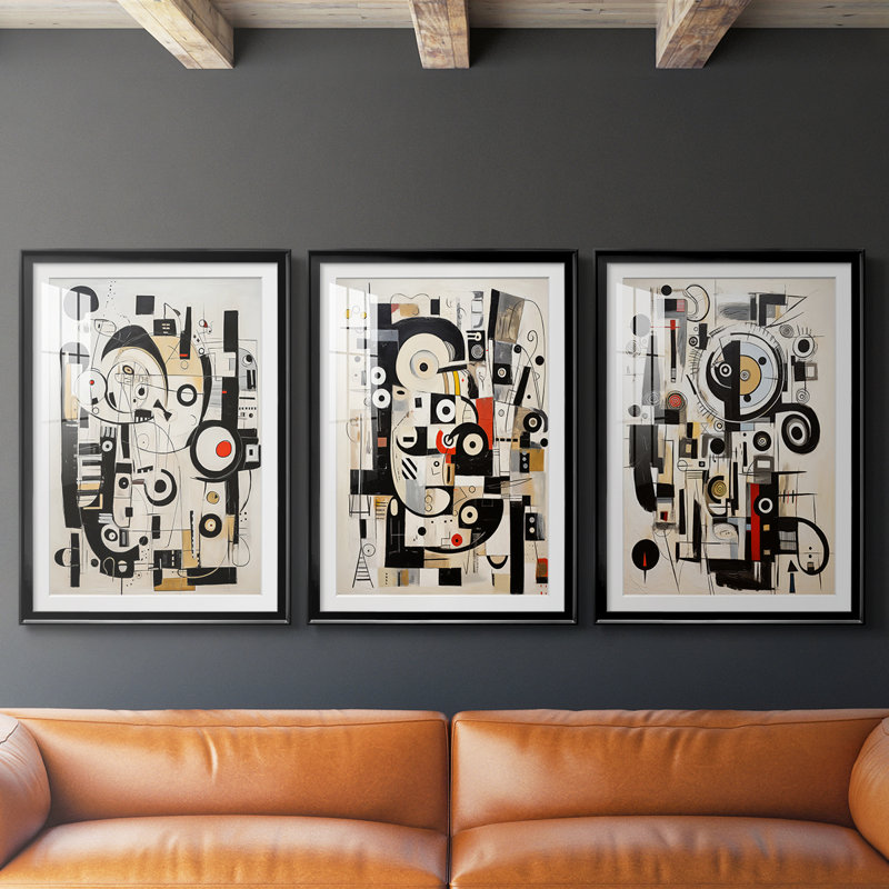 ABSTRACT Series CCCCLXVII - Impression sur mesure de qualité supérieure avec mat - 3 pièces, H 19 po x l 45 po, Noir