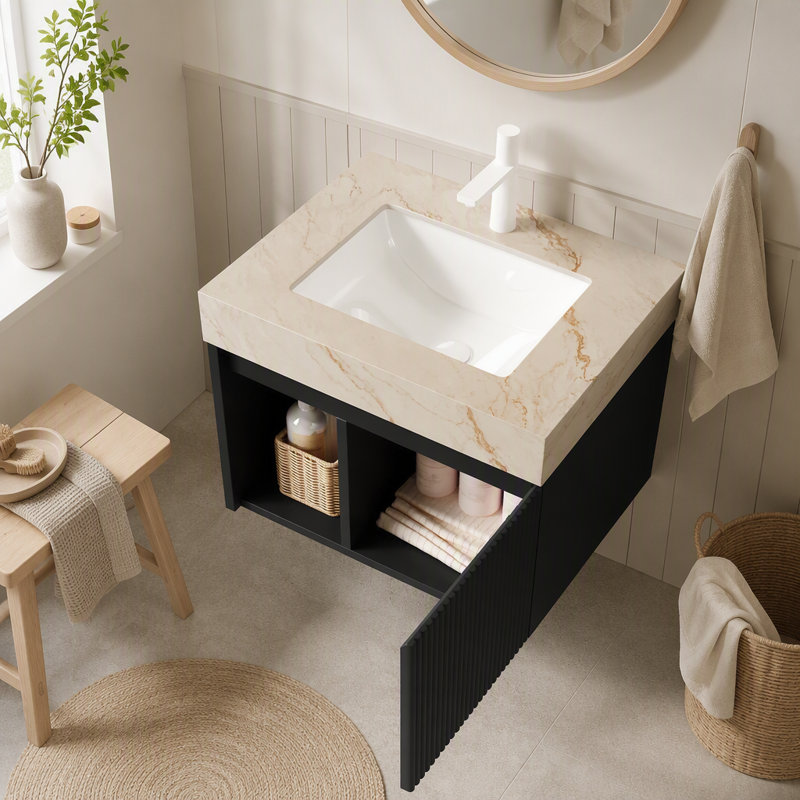 Meuble-lavabo flottant mural de 30 po avec lavabo mural noir, Black, 24", Beige+Gold