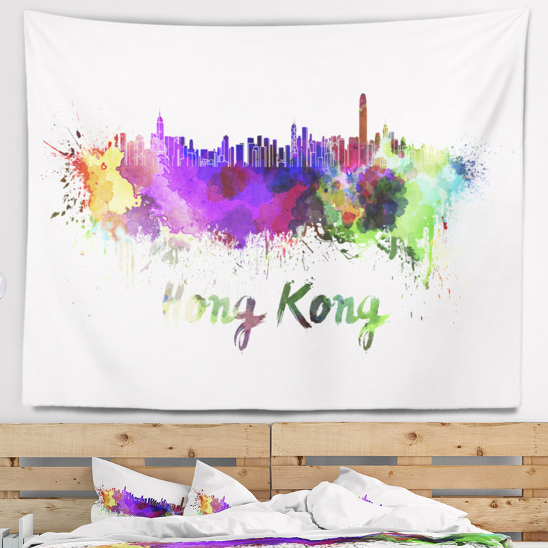Tapisserie de skyline de hong kong Cityscape, H 32 po x l 39 po
