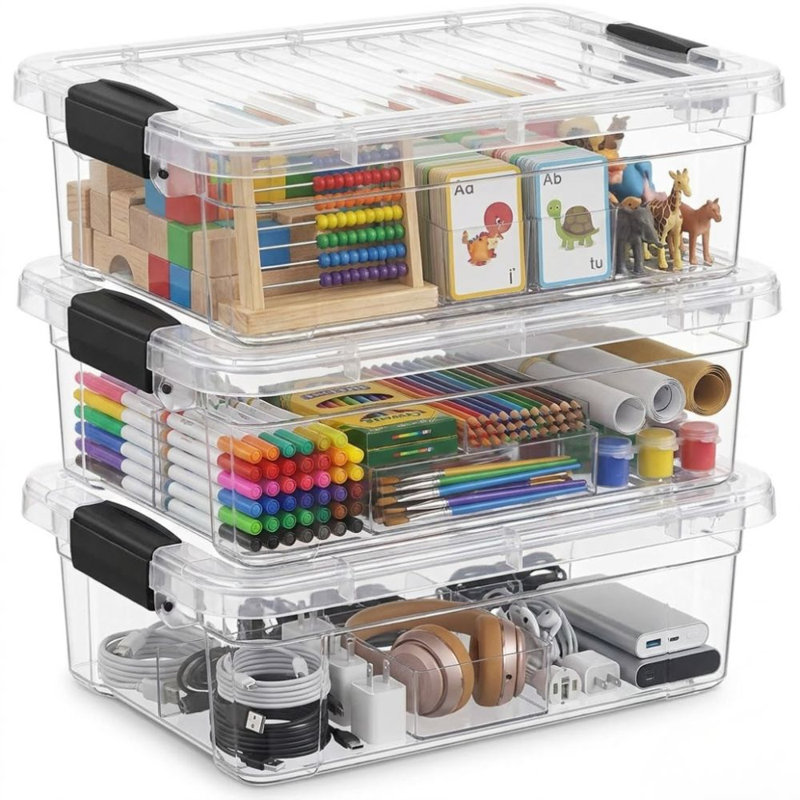 Ensemble de 3 bacs de rangement transparents Latitude Run® avec couvercles en plastique pour la maison, 13,7 pte
