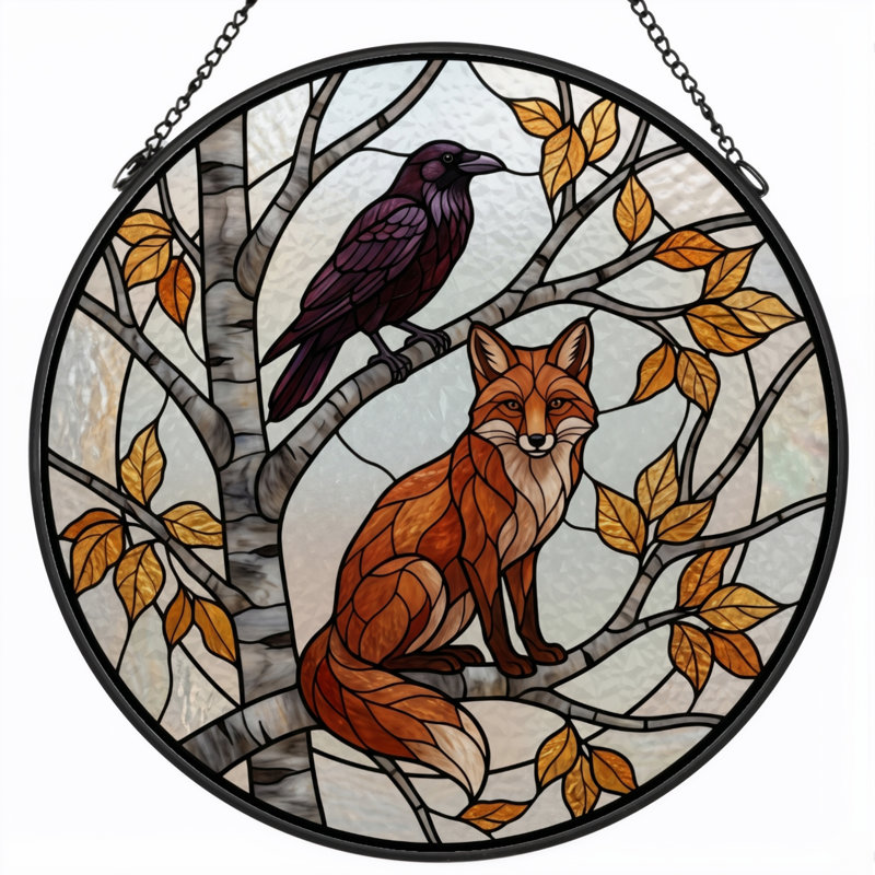 Panneau de vitrail Fox Crow, 7,8 heures, 7.8"H